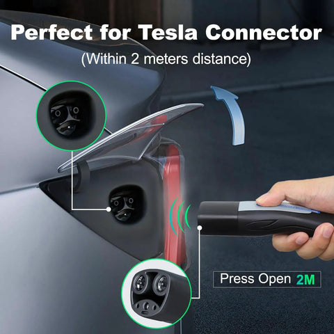 Tesla Level 1 2 Portable EV Charger With 20Foot Cable 3.5kW Home Charging Station demonstrates use with Tesla vehicle connector.