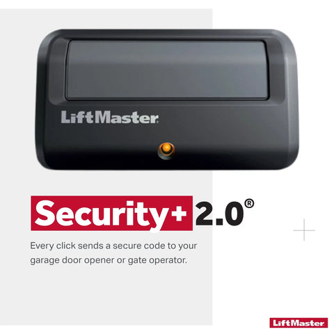 Model 891LM Security Plus 2.0 One Button Gate Opener Remote With Visor Clip Pack Of Two Batteries Included shown close up.
