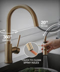 Modern Champagne Gold Kitchen Faucet With Pull Down Sprayer And Dual Function Head, Single Hole Brass Build showing 360° swivel and 20'' hose.