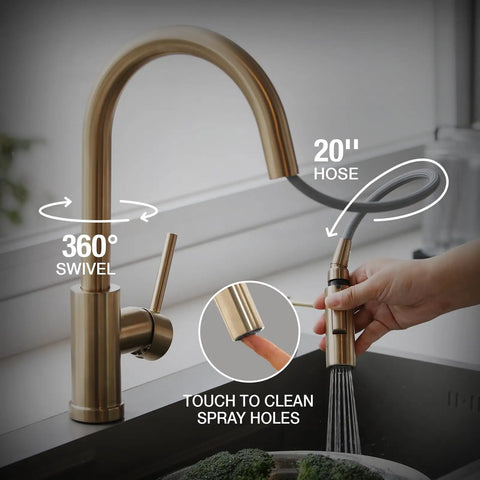 Modern Champagne Gold Kitchen Faucet With Pull Down Sprayer And Dual Function Head, Single Hole Brass Build showing 360° swivel and 20'' hose.