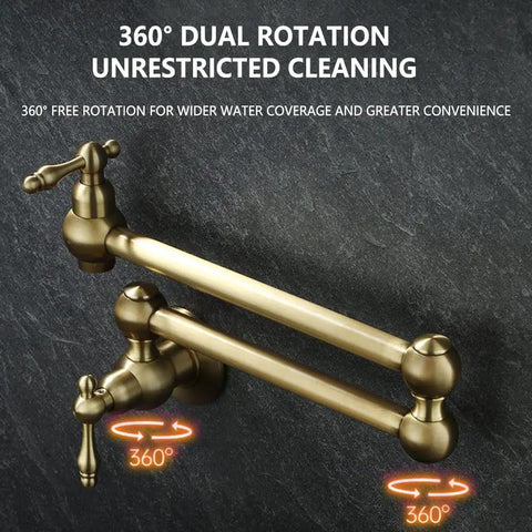 ZBSAVFM Foldable Wall Mount Kitchen Faucet Brass Construction 720° Rotating Extendable Design Easy Installation Over Stove showing 360° dual rotation.