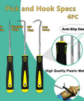 Front view of four-piece pick and hook set with black/yellow handles; includes 45°, straight, 90° picks and full hook