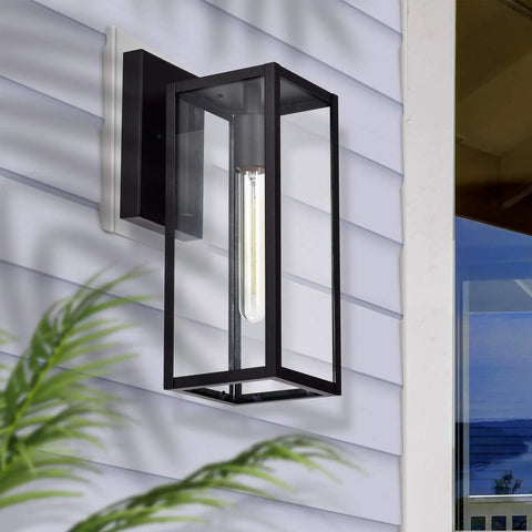 2 Pack Outdoor Wall Light Fixtures with Clear Glass Sconces on house exterior, modern farmhouse weatherproof iron anti rust finish