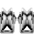 2 Pack V Groove Wheel Pulleys Measuring 1.89 Inch Made From Tough 201 Stainless Steel With Silent Double Bearings angled view.