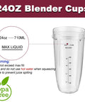 Clear 24 oz blender cup with measurement lines, BPA-free label, part of 2 Pack 24 Oz Blender Cups With Lids And Cup Brush For Auto IQ Blenders.