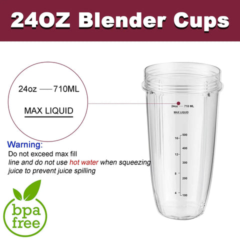 Clear 24 oz blender cup with measurement lines, BPA-free label, part of 2 Pack 24 Oz Blender Cups With Lids And Cup Brush For Auto IQ Blenders.
