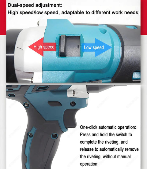 Close-up of dual-speed adjustment on Slick Cordless Rivet Gun With Dual 26V Batteries And Seven Quick Swap Tips featuring high/low selector.