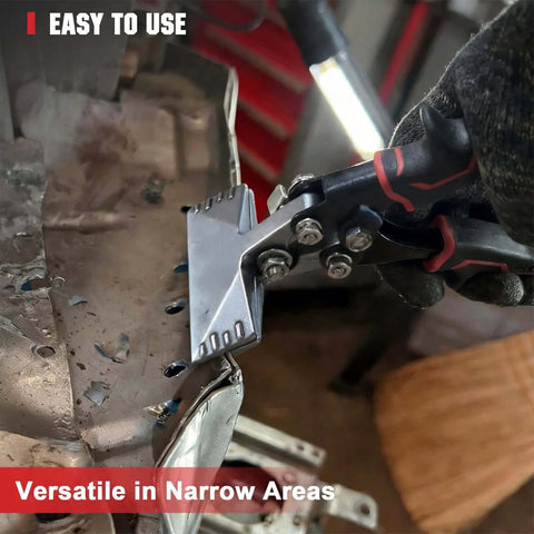 Heavy Duty Duckbill Sheet Metal Pliers 3 Inch Hand Seamer And Straight Bender with Ergonomic Grip in use on metal sheet