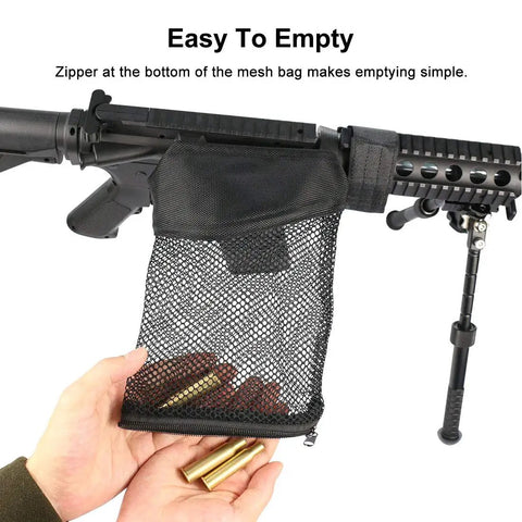Brass Shell Catcher For Rifle With Nylon Mesh Quick Unload Zippered Bottom Heat Resistant Mesh 45 Degree Right Side Wire Frame