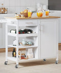 Kitchen cart with oak top, stocked shelves, and 2 Inch Heavy Duty Rubber Caster Wheels Set Of 4 with Swivel Plate Castors