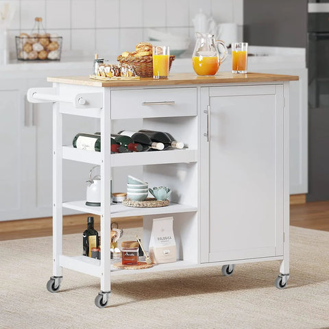 Kitchen cart with oak top, stocked shelves, and 2 Inch Heavy Duty Rubber Caster Wheels Set Of 4 with Swivel Plate Castors