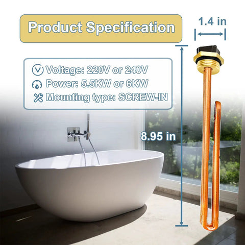 Upgraded 55220 Water Heater Element Fits EcoSmart ECO POU 6 8 11 And Compatible Rheem Eemax Richmond Electric Tankless Heaters Replace 60208 5.5KW 220V Or 6KW 240V Two Pack beside bathtub