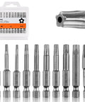 10 Piece 5 Point Security Torx Bit Set With Tamper Proof Star Driver Head Magnetic S2 Alloy Steel Quarter Inch Hex Shank TT8 To TT45 Sizes displayed