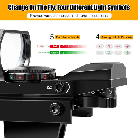 Red Dot Finderscope for Telescope Deluxe Viewfinder with Dovetail Bracket showing brightness levels and reticle patterns