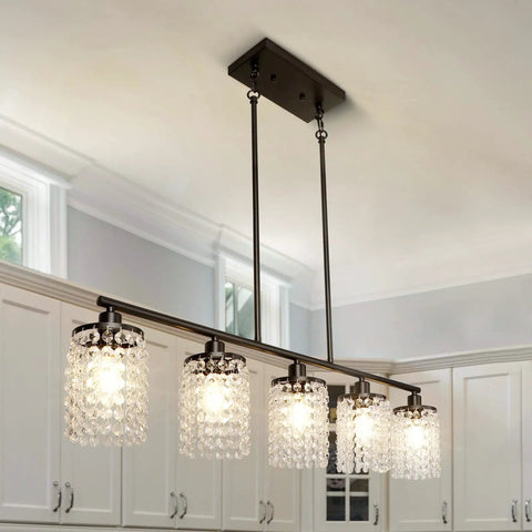 Five Light Modern Black Linear Chandelier With Crystal Drops Pendant Lights For Kitchen Island And Dining Room, Prewired Raindrop Style Lighting Over Dining Table, Sleek Yet Dope Home Decor in kitchen