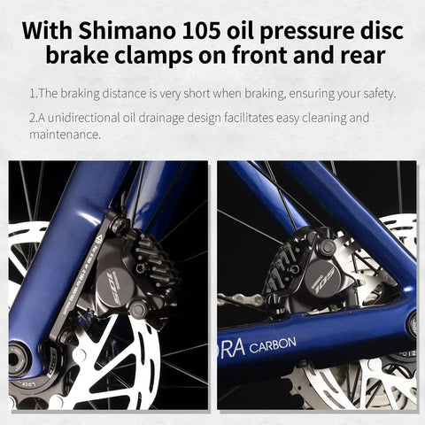 Shimano 105 oil pressure disc brake clamps on a full carbon fiber road bike for adults, showing front and rear details.