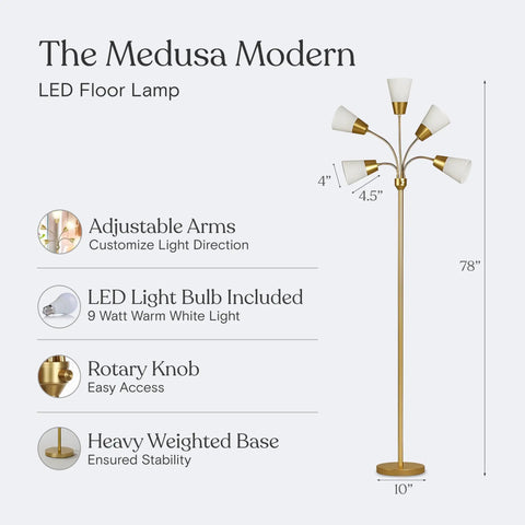 Lit Five Head LED Floor Lamp for Living Rooms and Offices Tall Standing Lamp with Interchangeable Shade 4000 Lumen brass finish