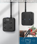 Outdoor Power Strip Tough Weatherproof Surge Protector With Four Wide Outlets And Three USB Ports Six Foot Extension Cord Wall Mountable Overload Protection Built For Outdoors Patio Garden Christmas Lights And More ETL Listed shown wall-mounted.