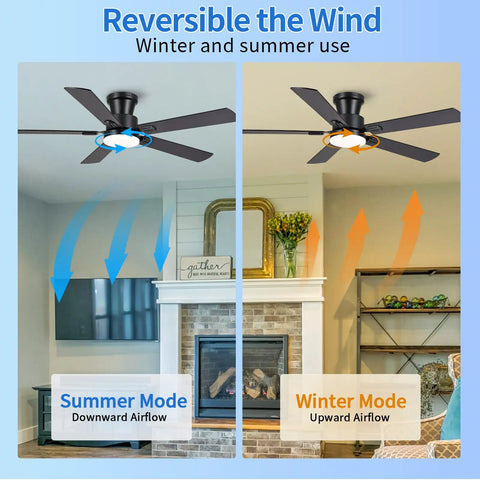 52 Inch Low Profile Ceiling Fan In Matte Black shows summer and winter airflow modes for efficient breeze management.