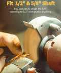 Person using Six Inch Brass Wire Wheel For Bench Grinder With Half Inch And Five Eighth Inch Arbor, sparks visible.