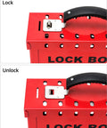 Lockout Tagout Group Lock Box showing lock and unlock mechanisms, heavy duty steel construction for safety.