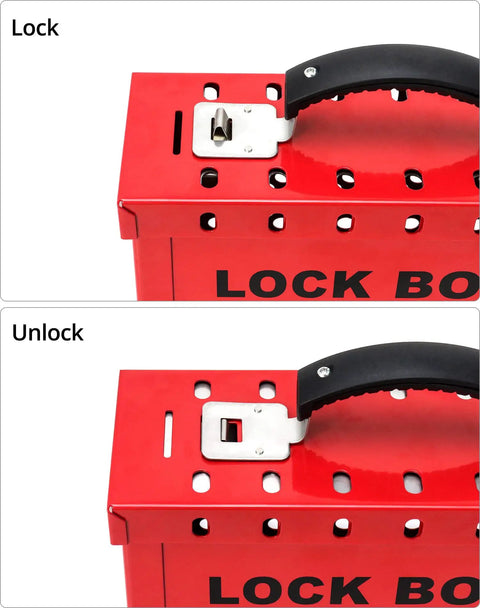 Lockout Tagout Group Lock Box showing lock and unlock mechanisms, heavy duty steel construction for safety.