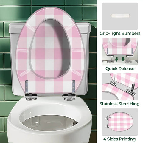 Toilet Seat Resin Waterproof for Bathroom in pink checkered design, fitting standard toilets with quick release features.