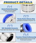 Five Pack Push To Connect Fittings For 0.31 Inch Tubing 1/2 In NPT Brass Pneumatic Male Adapters Nickel Plated Blue Quick Connect Air Line Fittings For Factory Pneumatic Systems product details