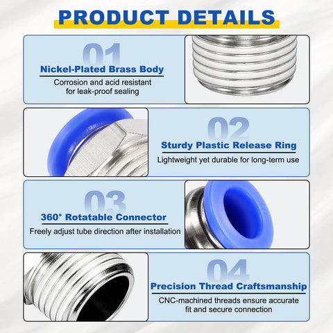 10 Pcs Push To Connect Fittings For 0.16 Inch OD Tubing, 1/8 NPT Male, Nickel Plated Brass Straight Pneumatic Quick Connect Adapters, Air Line Connectors For Pneumatic Systems, Blue detailing features like nickel body, plastic ring, rotatable connector, and thread craftsmanship.