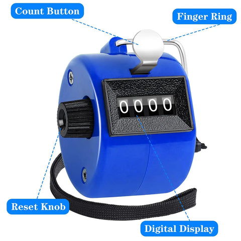 Slick 2 Pack Handheld Tally Clicker Counter 4 Digit Score Tracker blue device with count button and reset knob for easy tracking.