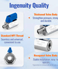 Two CTJfyrdian 1/8 in stainless steel ball valves with blue lever, NPT male/female threads, 304 stainless