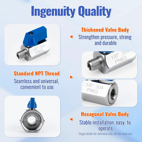 Two CTJfyrdian 1/8 in stainless steel ball valves with blue lever, NPT male/female threads, 304 stainless