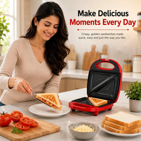 Sanzinaz 520W Electric Sandwich Maker Grill with Nonstick Plates Compact Panini Press for home use serving crispy sandwich.