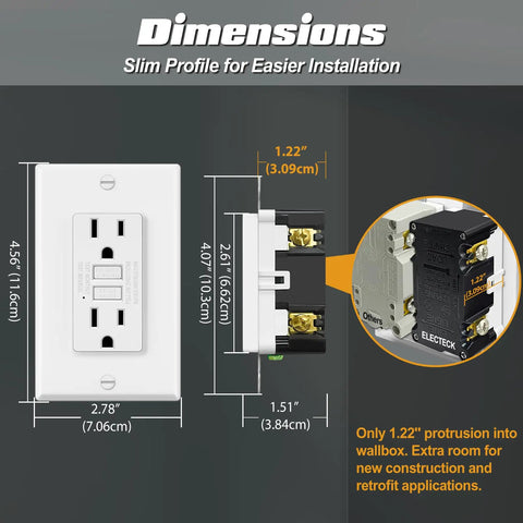 Dimensions of Straight Up Rock Solid 5 Pack 15 Amp Gfci Outlets for Indoor Wall Wiring with slim profile for installation.