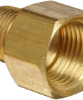 Pipe Fitting Adapter One Quarter Inch Male To Three Eighth Inch Female NPT Plumbing Connector shown in brass material
