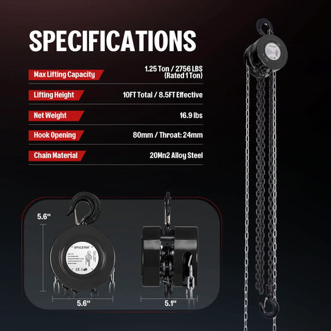 Specifications of Hand Chain Hoist 1 Ton Capacity With 10 Ft Chain 2 Beefy Heavy Duty Hooks Manual Chain Fall