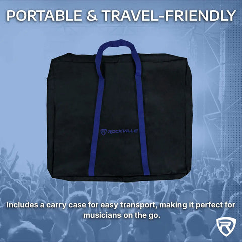 Heavy-Duty Dual-Tier Keyboard Stand With Locking Wheels, travel bag included, portable black carry case with blue handles