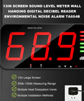 Digital Decibel Meter With Large LCD Display For Home Office And Workshop 30 To 130 dB Sound Level Reader Wall Mounted Or Hanging Noise Meter With Alarm Temperature And Humidity Readout Adjustable Brightness TA654B, front view