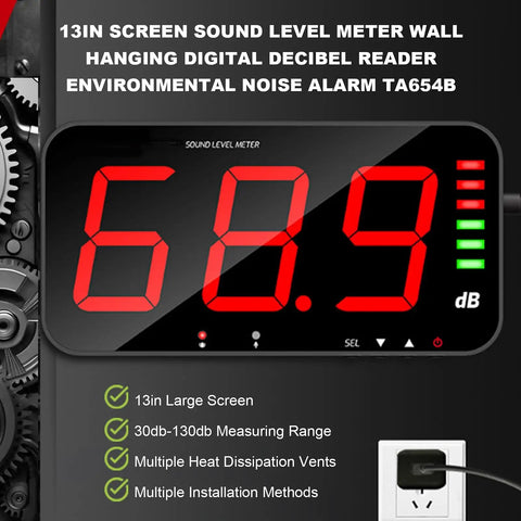 Digital Decibel Meter With Large LCD Display For Home Office And Workshop 30 To 130 dB Sound Level Reader Wall Mounted Or Hanging Noise Meter With Alarm Temperature And Humidity Readout Adjustable Brightness TA654B, front view
