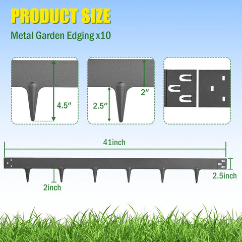 Product dimensions showing metal garden edging 10-pack, 33 ft total length with 4.5-inch height spikes for landscaping