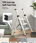 3 Step Aluminum Ladder Lightweight Foldable Stool Slick For Home Kitchen Library And Outdoor Use With 22.6 Inch Top Step on wood floor