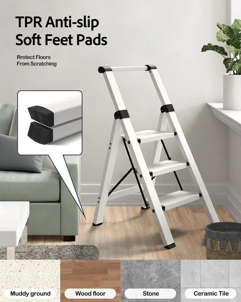 3 Step Aluminum Ladder Lightweight Foldable Stool Slick For Home Kitchen Library And Outdoor Use With 22.6 Inch Top Step on wood floor