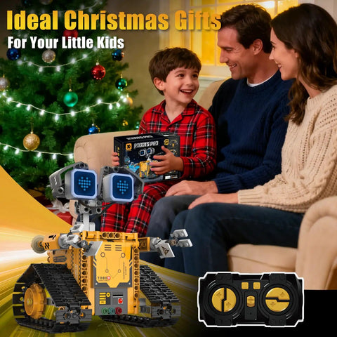 Robot Building Kit 5 In 1 STEM Toys With Remote And App Control For Kids 373 Pieces Featuring 16 LED Expressions, Awesome Christmas And Birthday Gift For Teens Boys And Girls, Hands On Tech Fun. Family on sofa with robot model and remote