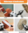 Mini Bench Grinder With Adjustable Speed Table showing polishing, sharpening, drilling, and woodworking applications.