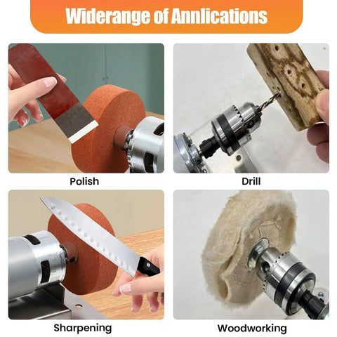 Mini Bench Grinder With Adjustable Speed Table showing polishing, sharpening, drilling, and woodworking applications.
