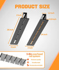 Diagram showing product size and rail system for Heavy Duty Overhead Garage Storage Rack System, 26 Inch Adjustable Ceiling Bin Organizer.