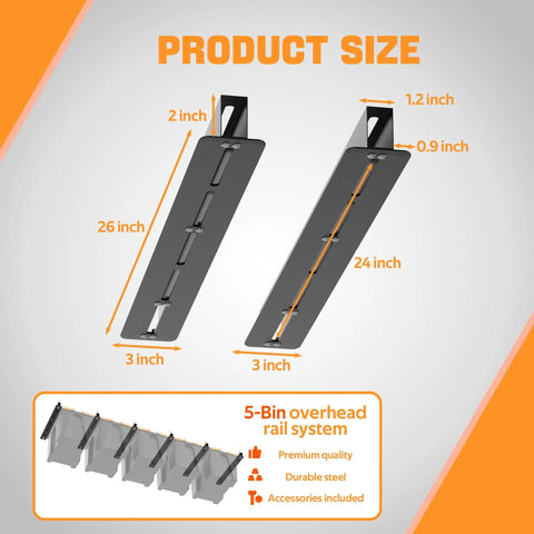 Diagram showing product size and rail system for Heavy Duty Overhead Garage Storage Rack System, 26 Inch Adjustable Ceiling Bin Organizer.