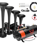 Heavy Duty 12V Train Horn Kit With Direct Wire Parallel 4 Trumpet Design Including 3L Air Tank And 120 Psi Compressor, showing four black trumpets and compressor components.