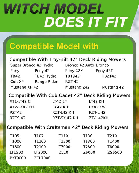 Compatibility chart for Mulching Lawn Mower Blades For 42 Inch Deck With 6 Point Star Design for various mower models.