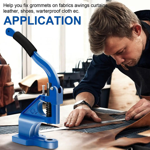 All In One Heavy Duty Grommet Tool Kit With Hand Press Pro Grade Includes 3 Die Sets And 3 Hole Punch Dies in use by craftsman